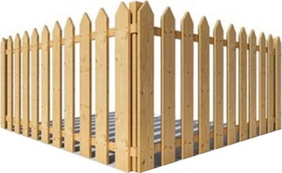 Wooden picket fence forming a corner, likely for a yard or garden, with pointed tops and visible wood grain.