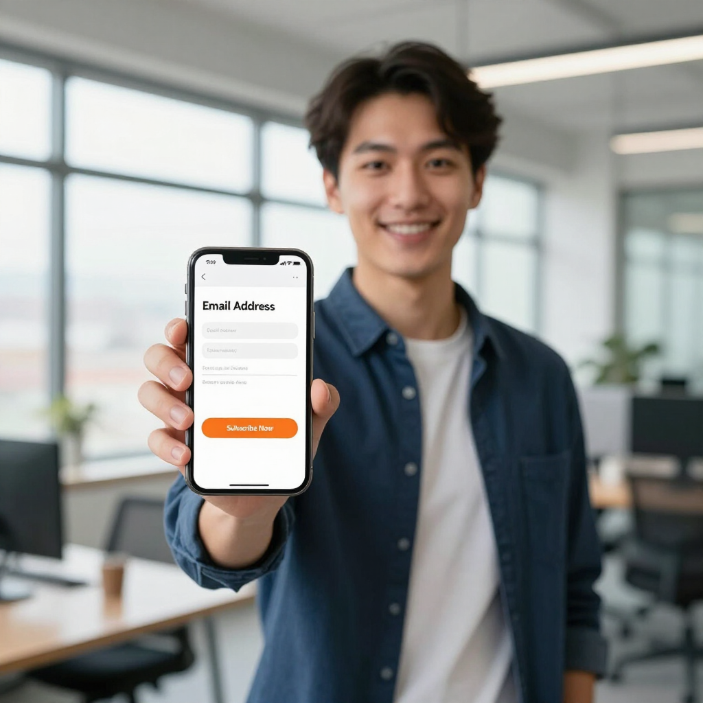 Smiling man holds up a smartphone showing a login screen in a bright office setting