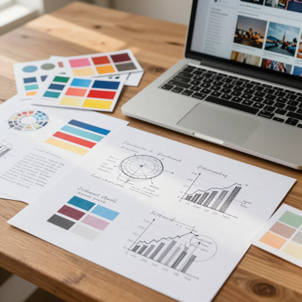 Design mockups with color swatches, charts, and a laptop on a wooden desk