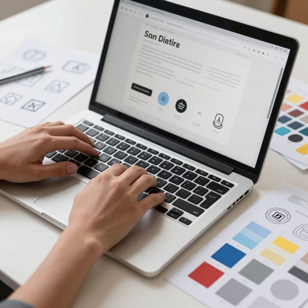 Hands typing on a laptop showing a software website, with color swatches and design samples nearby