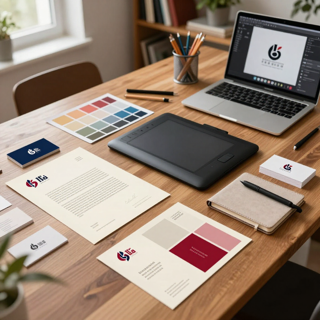 Branding stationery mockups on a wooden desk with laptop, color swatches, cards, notebook, and tablet.