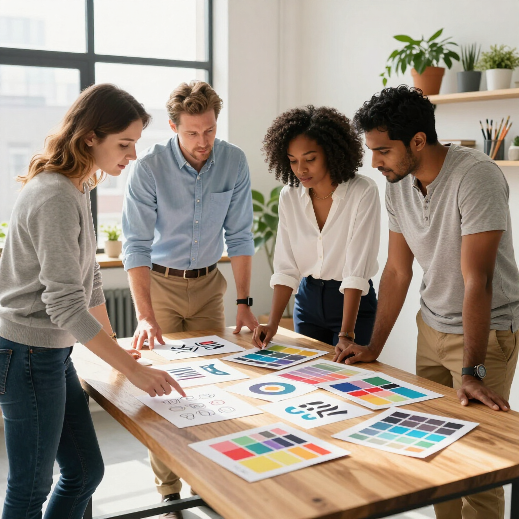 Four coworkers review colorful charts and graphics spread across a wooden table in a bright office.