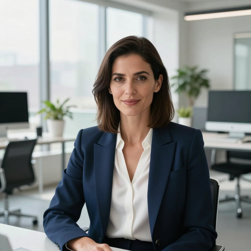 Professional woman seated in a modern office, wearing a navy blazer and white blouse.