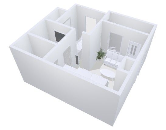 3D floor plan of a small white apartment with bedroom, living area, bathroom, and a potted plant