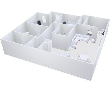 3D floor plan of a white office layout with multiple rooms and desks