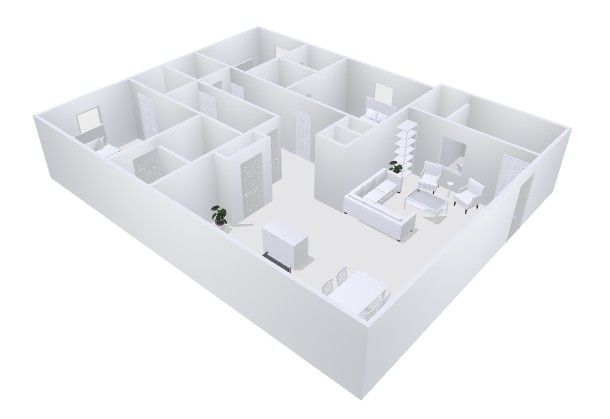 3D floor plan of a modern apartment with white walls, open kitchen, dining area, and multiple rooms
