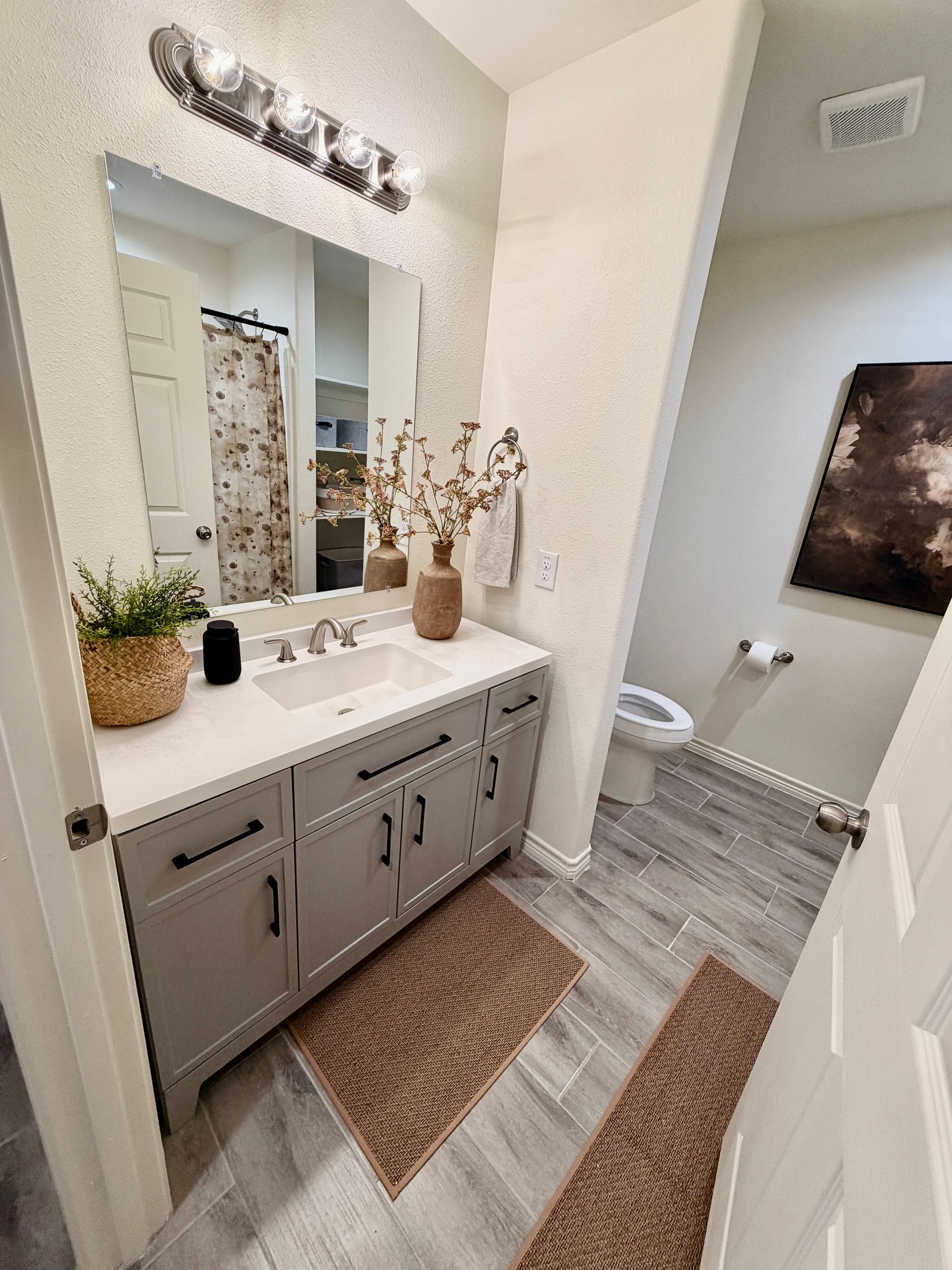 Bright bathroom vanity with mirror, sink, woven rug, and toilet in the background.