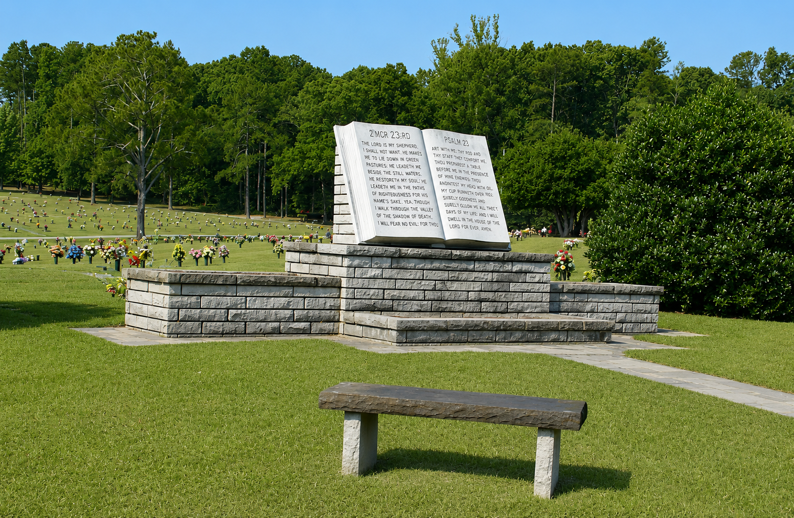 A graveyard with a statue of an open book in the middle