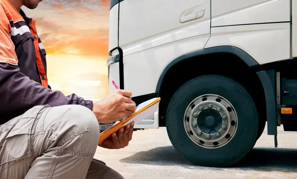 A Person in Work Gear Kneels to Inspect a White Truck — Mid North Coast Heavy Vehicle Repairs In Wauchope, NSW