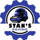 A logo for Stan's Paving  in blue and black