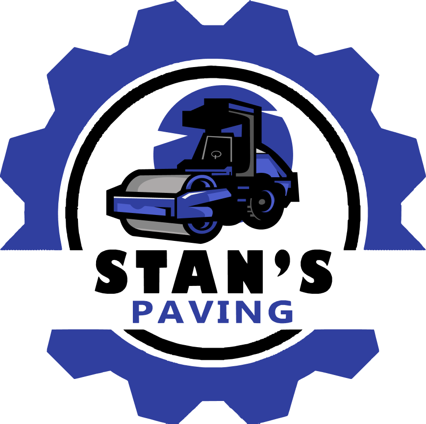 A logo for Stan's Paving  in blue and black