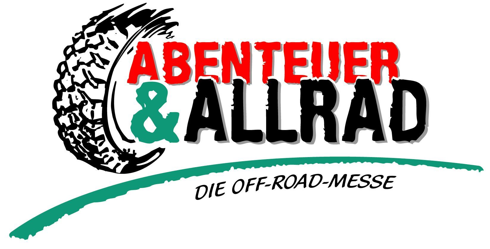 Logo für Abenteuer & Allrad, eine Offroad-Messe, mit Reifengrafik und Text in Rot, Grün und Schwarz.