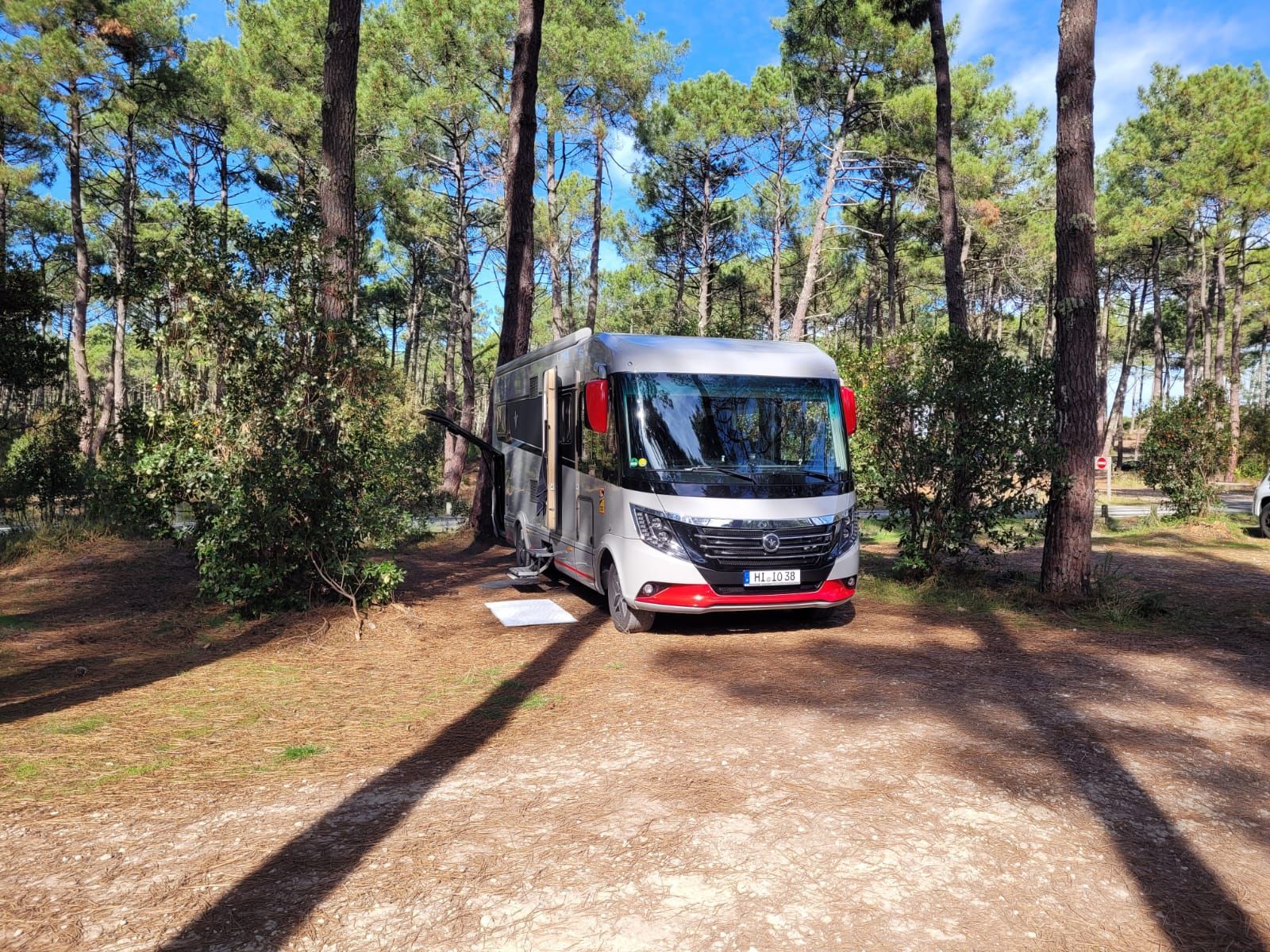 Wohnmobil auf einem bewaldeten Campingplatz geparkt; Bäume werfen lange Schatten auf den Boden; sonniger Tag.