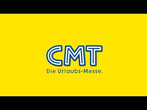 CMT-Logo auf gelbem Hintergrund, blau umrandete Buchstaben, Text „Die Urlaubs-Messe“.
