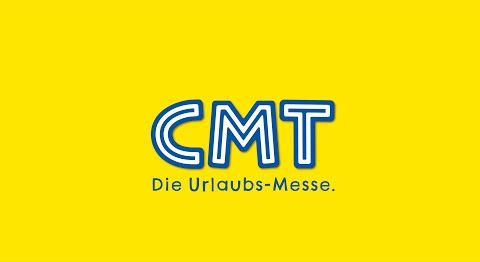 Logo für CMT: „Die Urlaubsmesse.“ Blaue Buchstaben mit hellblauer Umrandung auf gelbem Hintergrund.