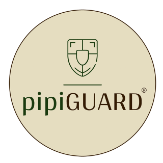 Logo für pipiGUARD: grünes Schildsymbol, Text