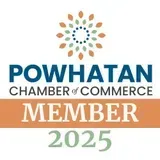Powhatan Chamber of Commerce Member 2025 logo with blue, orange, and green text and a floral emblem
