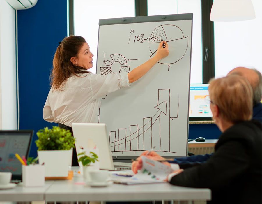 Woman presenting on a whiteboard in a bright office while coworkers watch and take notes