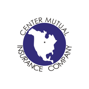 Logo for Center Mutual Insurance Company, featuring a white map of North America with a star, set in a blue circle.
