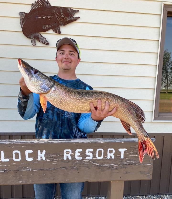 A man is holding a large fish in front of a rock resort sign