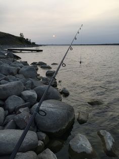 A fishing rod is sitting on a rocky shoreline next to a body of water.
