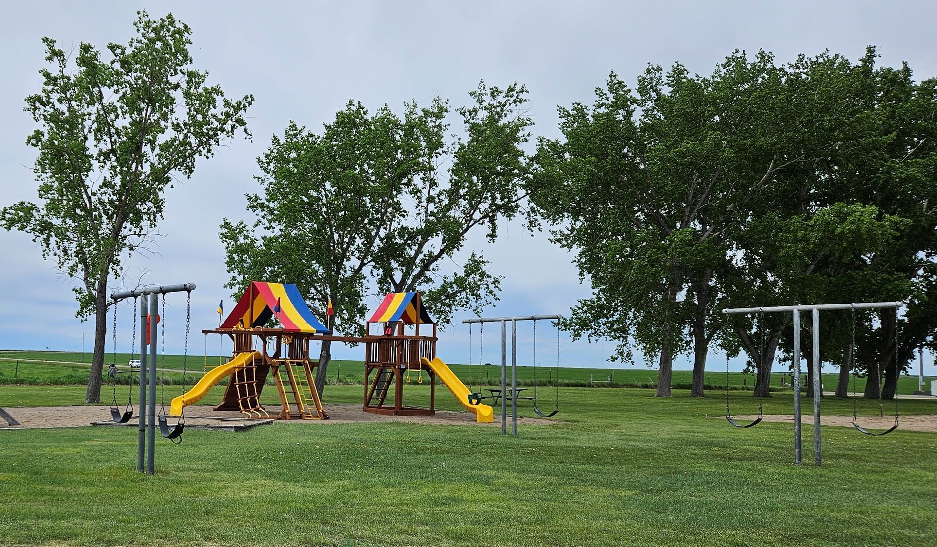 A playground in a park with trees in the background