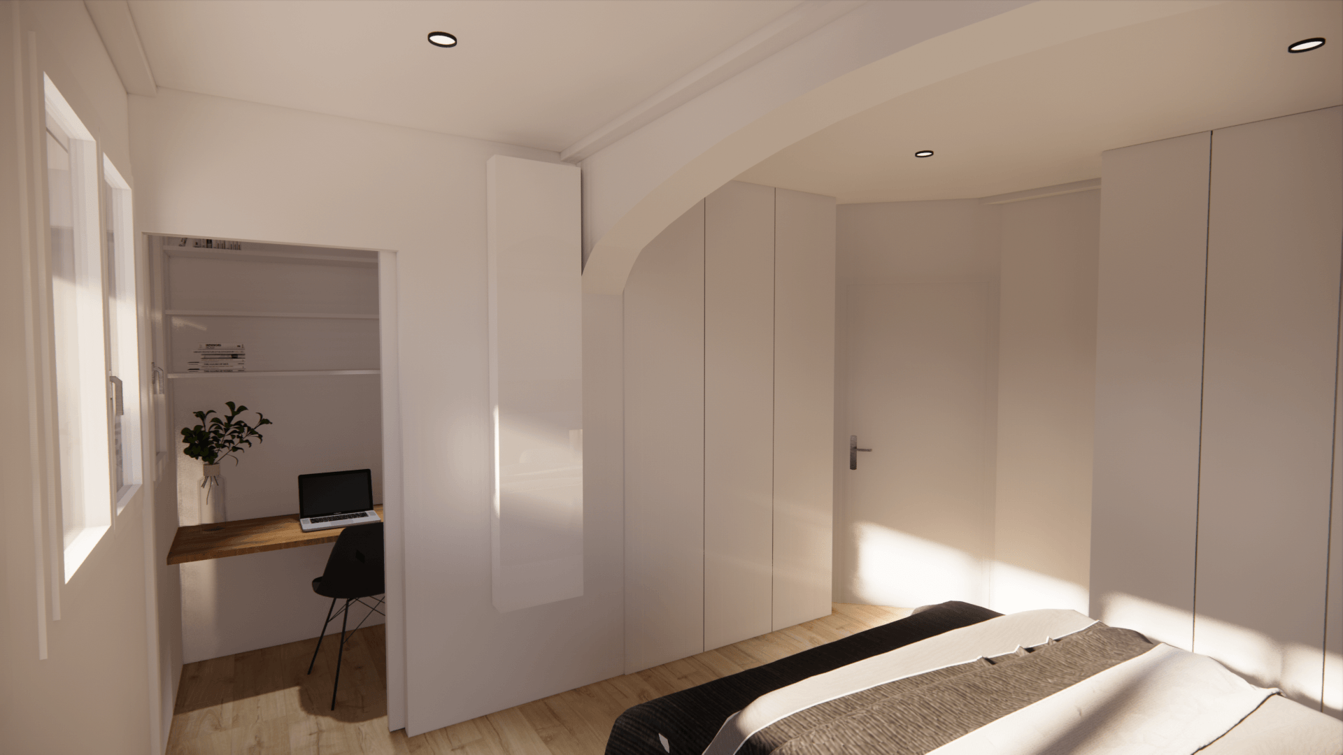 Chambre lumineuse avec murs blancs, placards intégrés, un lit et un petit bureau près de la fenêtre