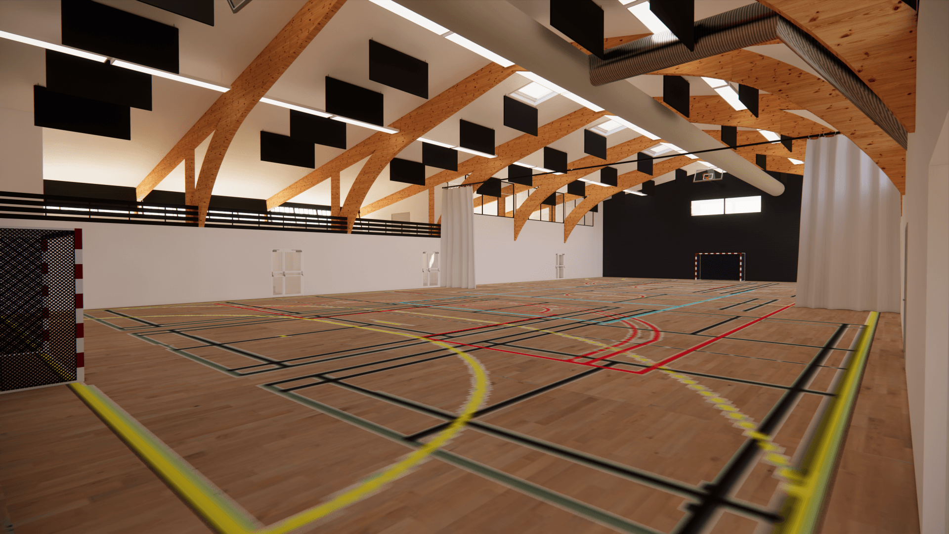 Gymnase intérieur vide avec parquet, poutres apparentes et marquages ​​de terrain de basket-ball