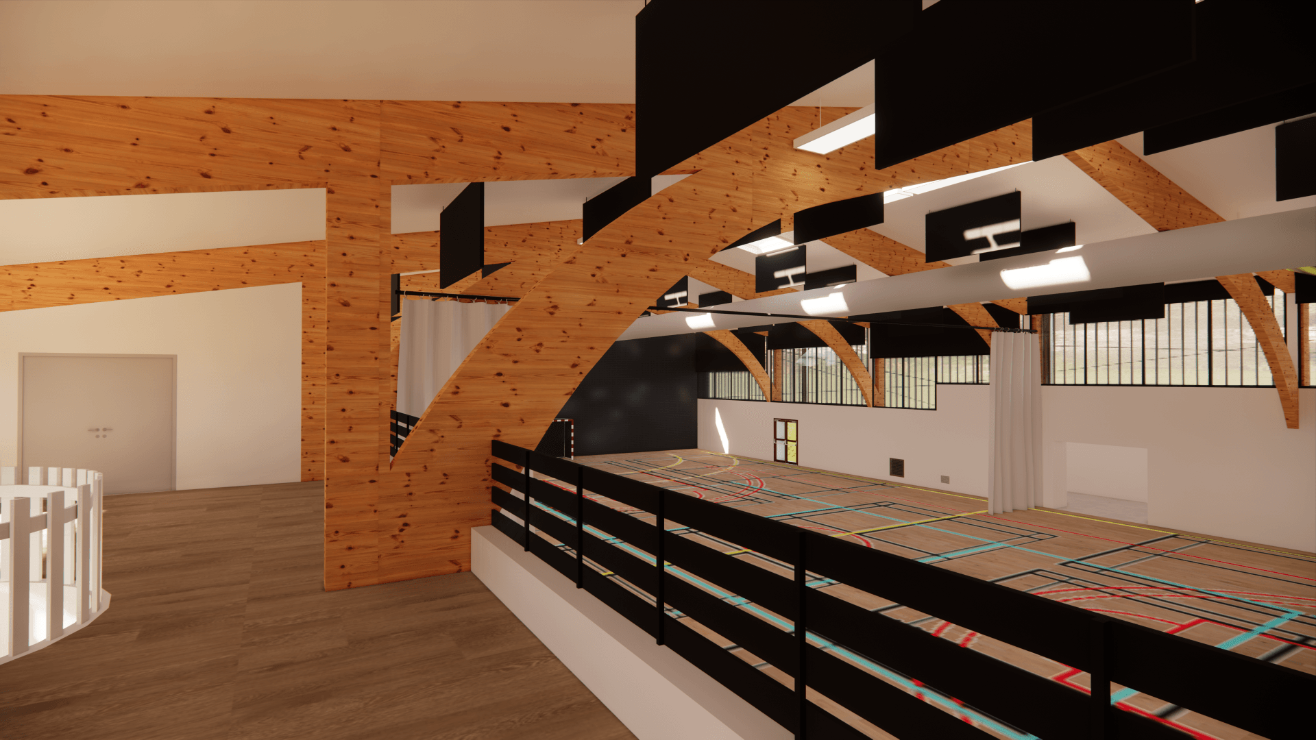 Skatepark intérieur moderne avec rampes en bois, rambardes noires et éclairage de plafond de type puits de lumière