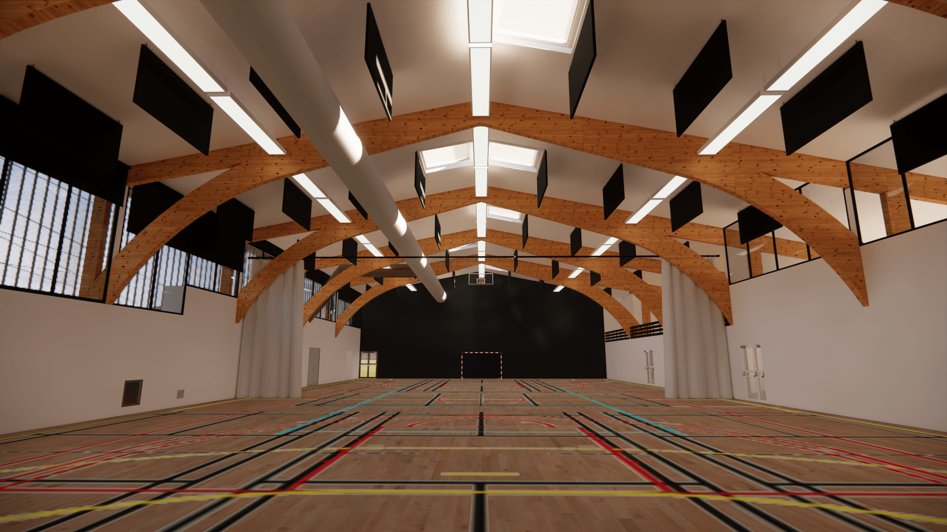 Auditorium vide avec poutres en bois courbées, murs blancs et sol à motifs sous puits de lumière.
