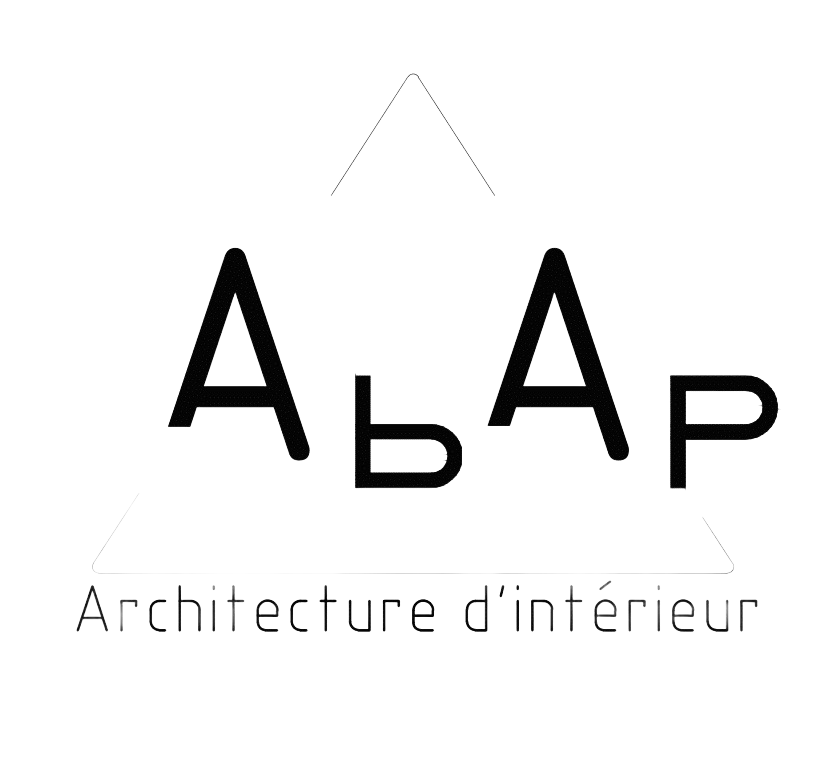 Logo minimaliste noir et gris d’ABAP, avec le texte « Architecture d’intérieur » sur fond blanc.