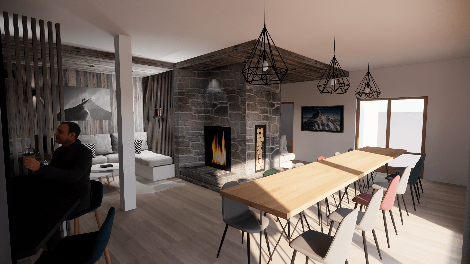 Salle à manger moderne avec une longue table en bois, des suspensions lumineuses, une cheminée 