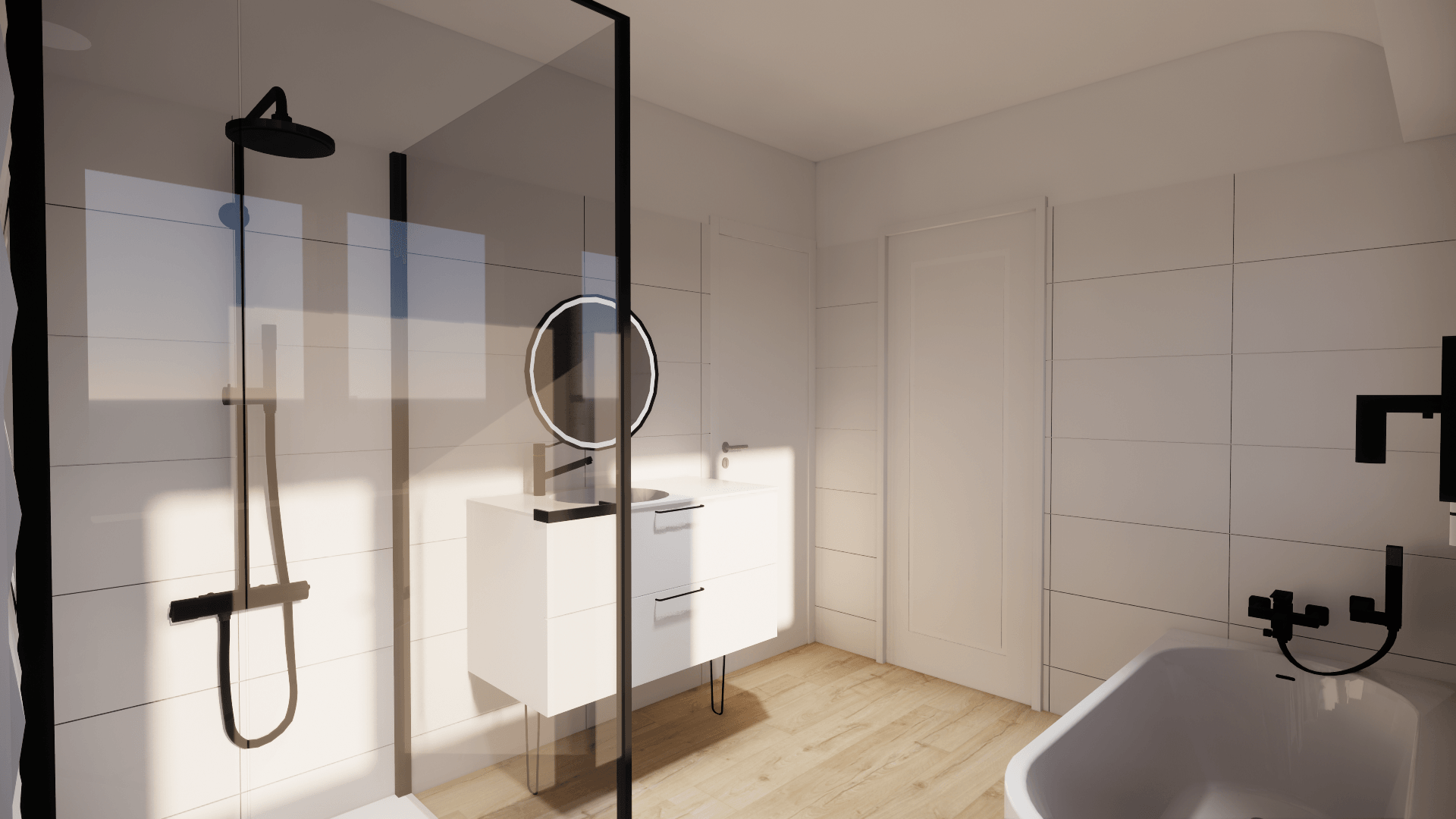 Salle de bains moderne avec douche en verre, meuble-lavabo suspendu, miroir rond et armoires blanches sur parquet clair