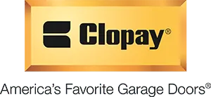 Clopay logo in a gold rectangle, black text and symbol, 