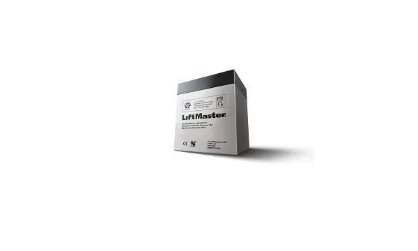 LiftMaster garage door opener battery. Black and grey, rectangular box, standing upright.