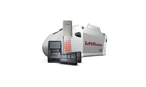 LiftMaster garage door opener components including the motor unit, remotes, and keypad.