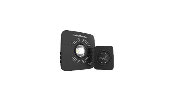 Black LiftMaster garage door opener components: large unit with light and small control.