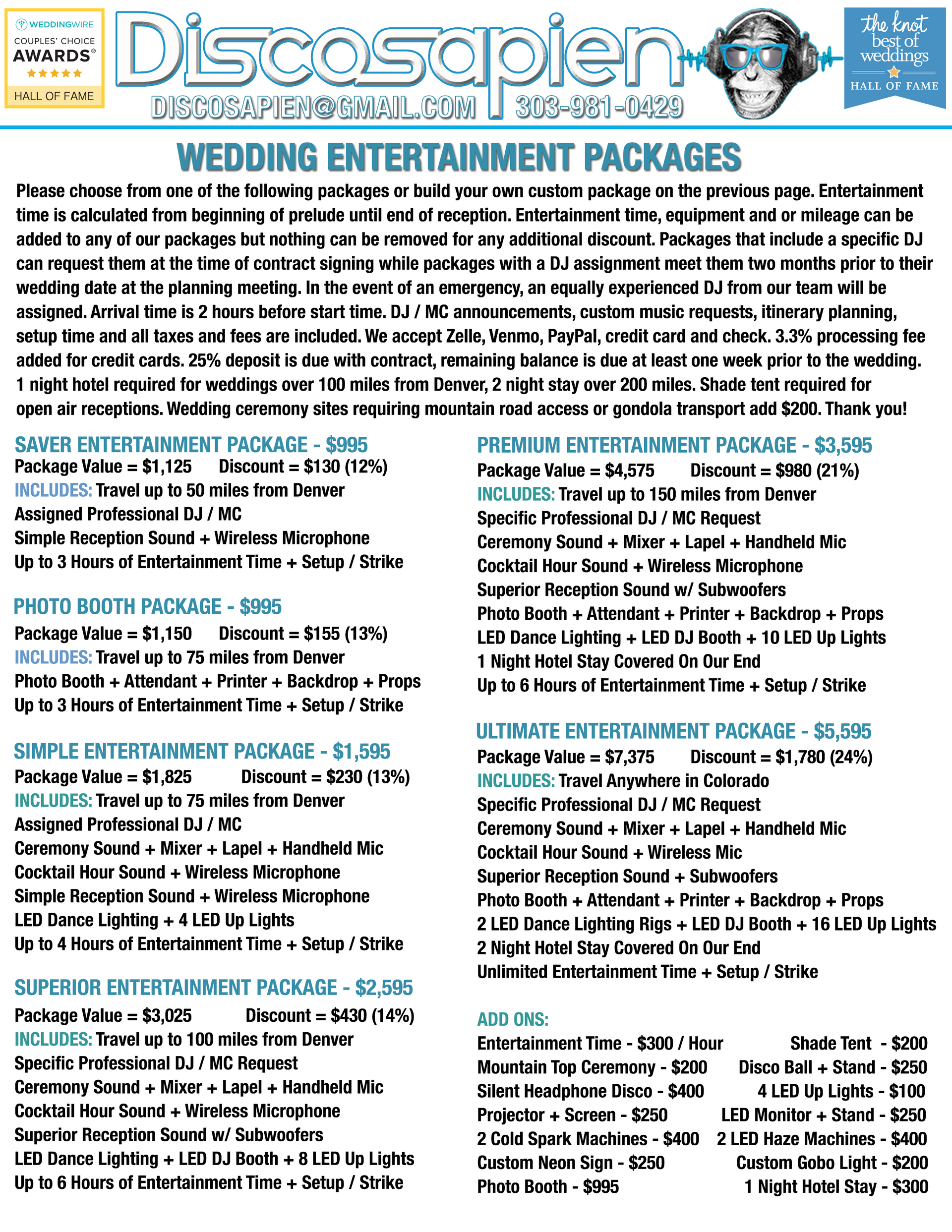 Weddings Pricing Sheet