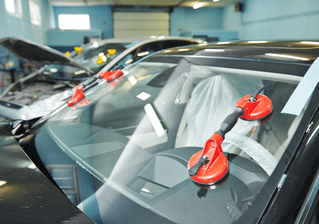 A car windshield is being replaced in a garage.