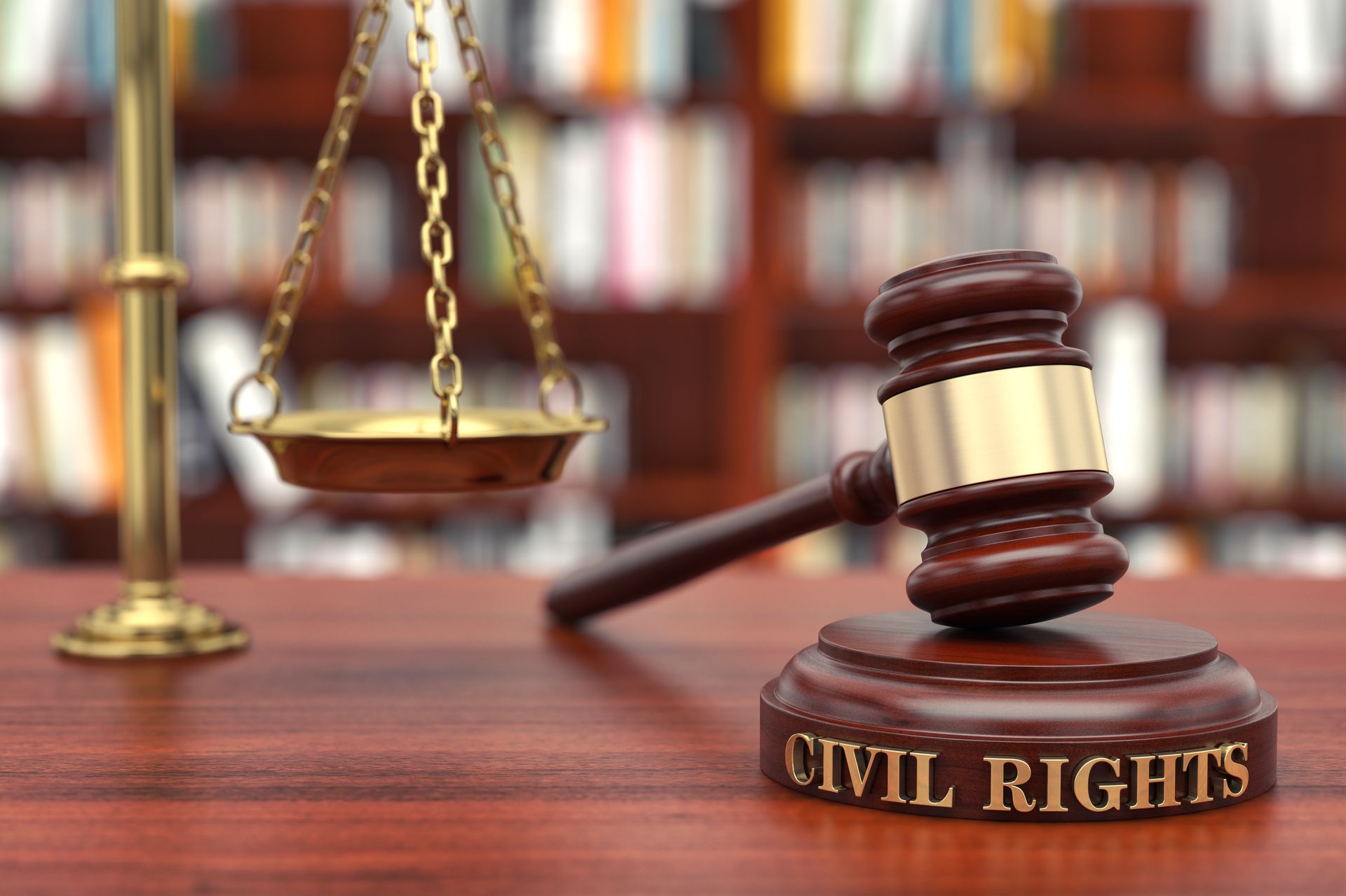 A wooden judge 's gavel and scales of justice on a wooden table.