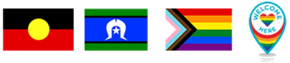 Australian aboriginal flag, Torres Strait Islander flag, and LGBT flags