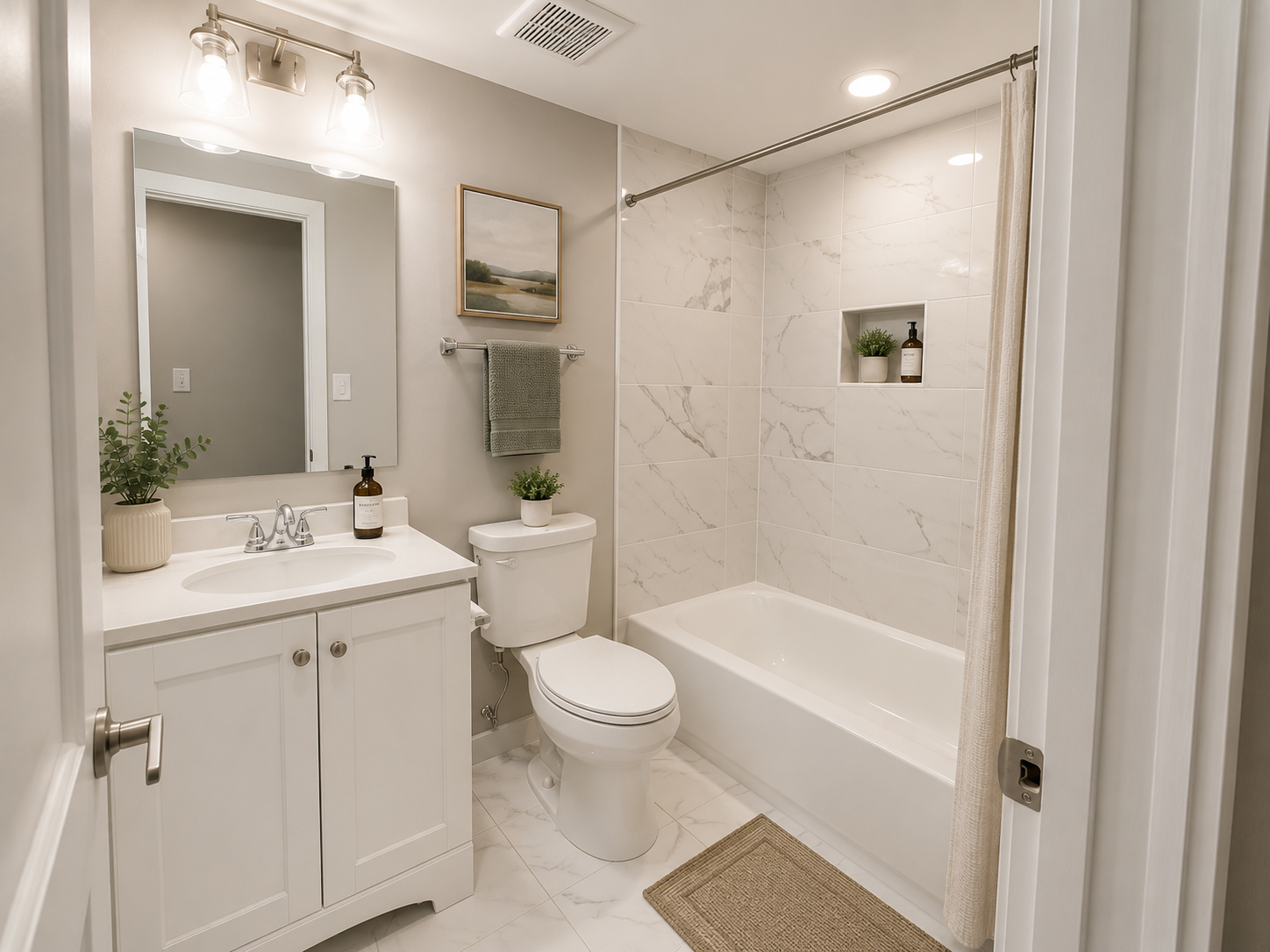 Small modern bathroom with white vanity, toilet, glass shower, and gray marble tile.