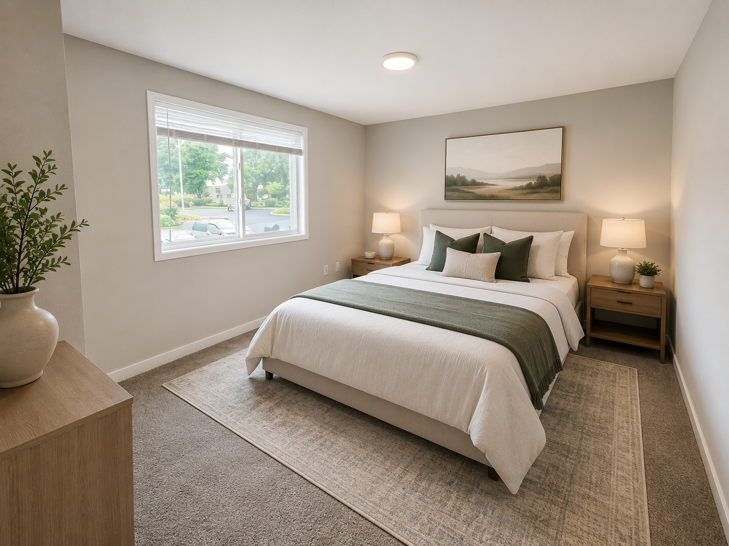 Empty beige bedroom with gray carpet and a small window on the left wall.