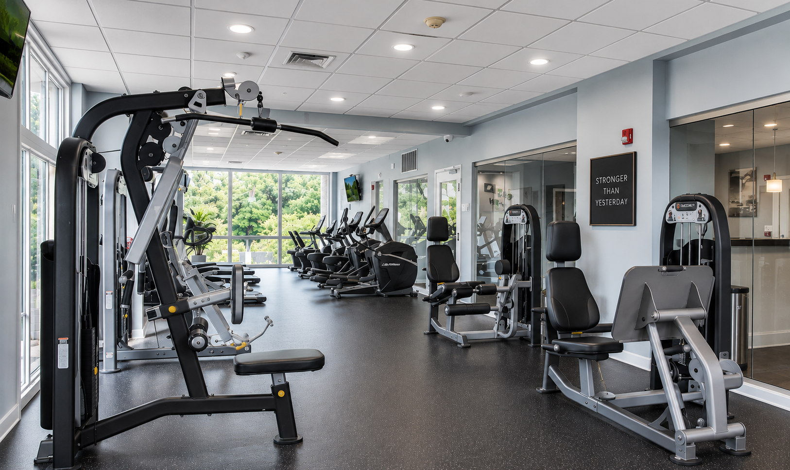 Bright modern gym with exercise machines and mirrors, empty and well-lit by large windows.
