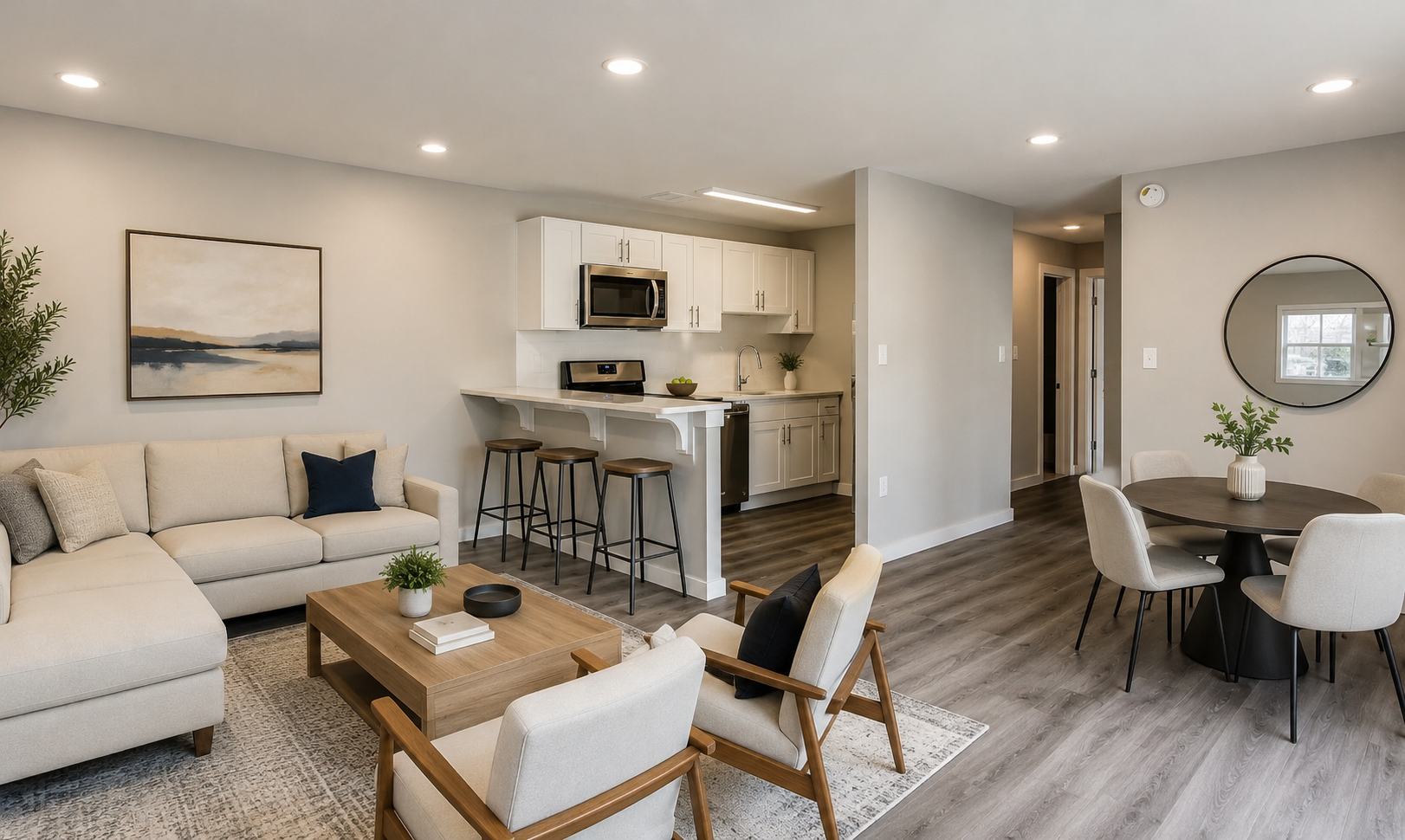 Empty modern living room with gray floors, white walls, recessed lights, and sliding glass doors.