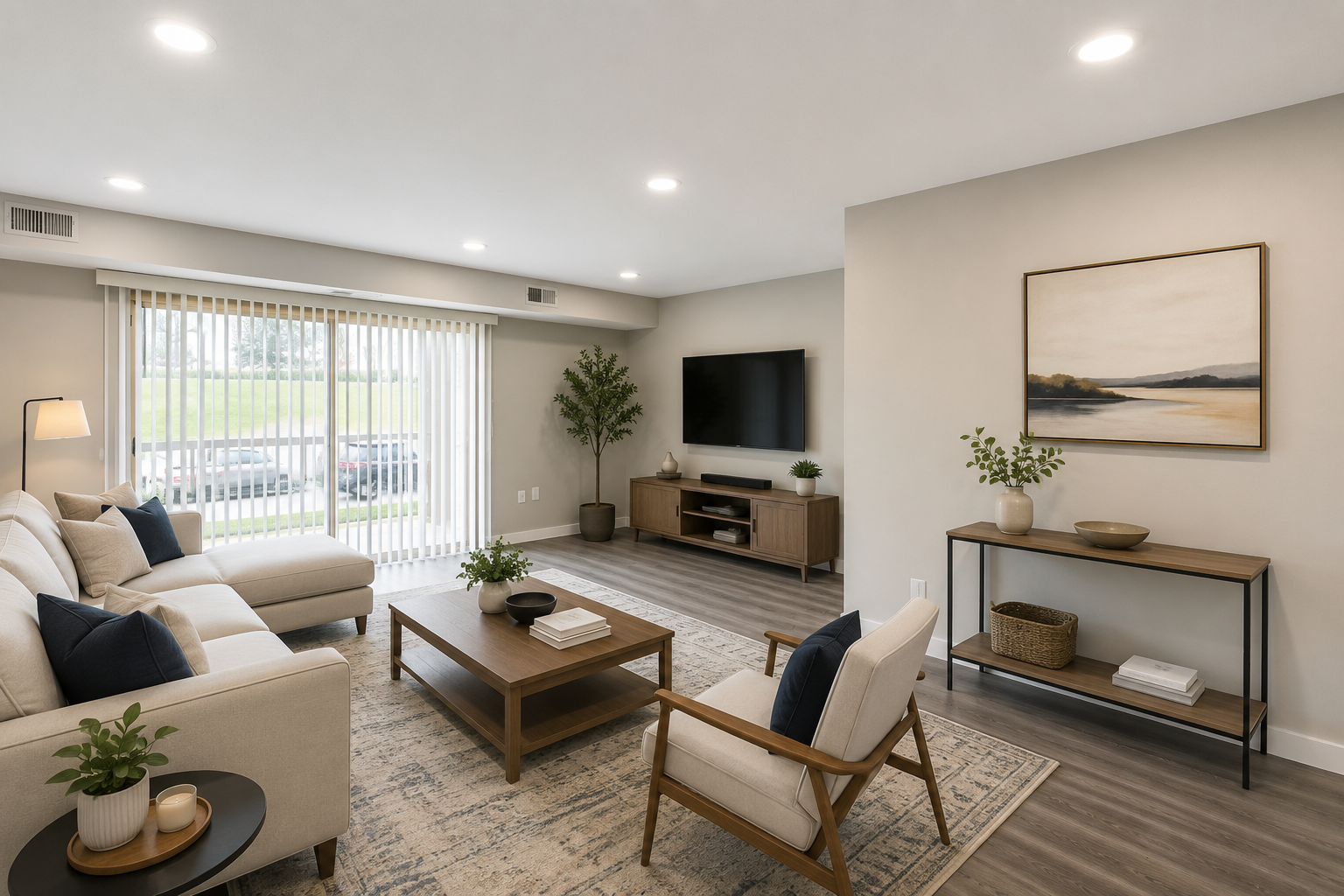 Empty modern living room with gray walls, dark flooring, sliding glass doors, and a kitchen counter in the foreground