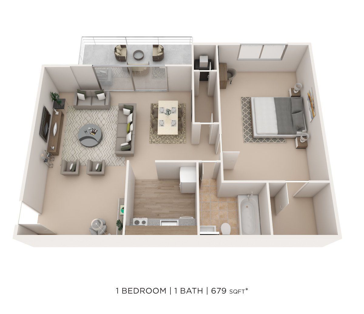 3D floor plan of a one-bedroom apartment with living room, kitchen, bath, and bedroom layout.
