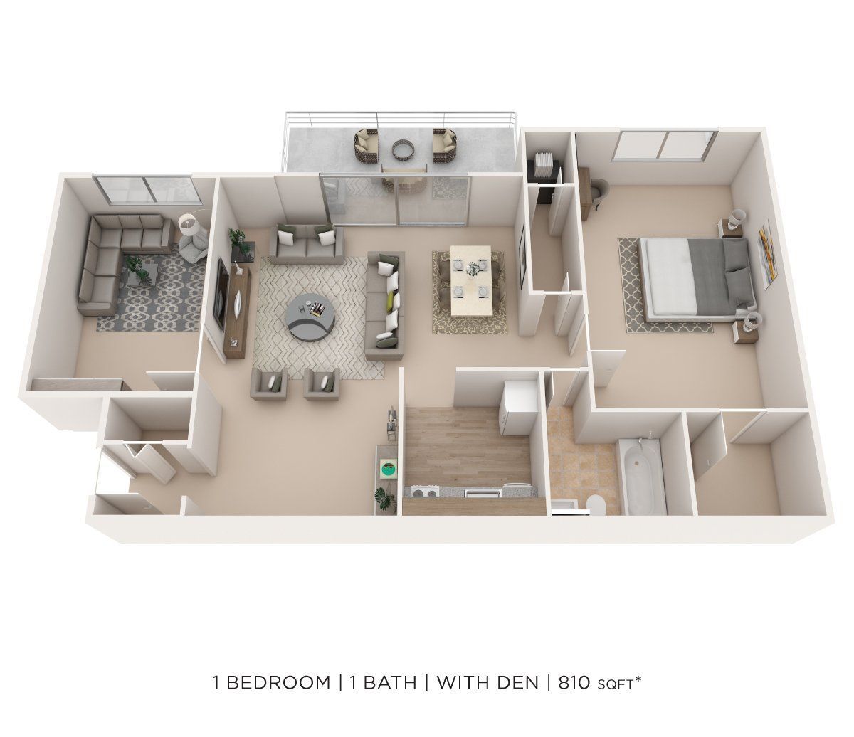 3D floor plan of a 1-bedroom, 1-bath apartment with den, showing living, kitchen, bedroom, and balcony.
