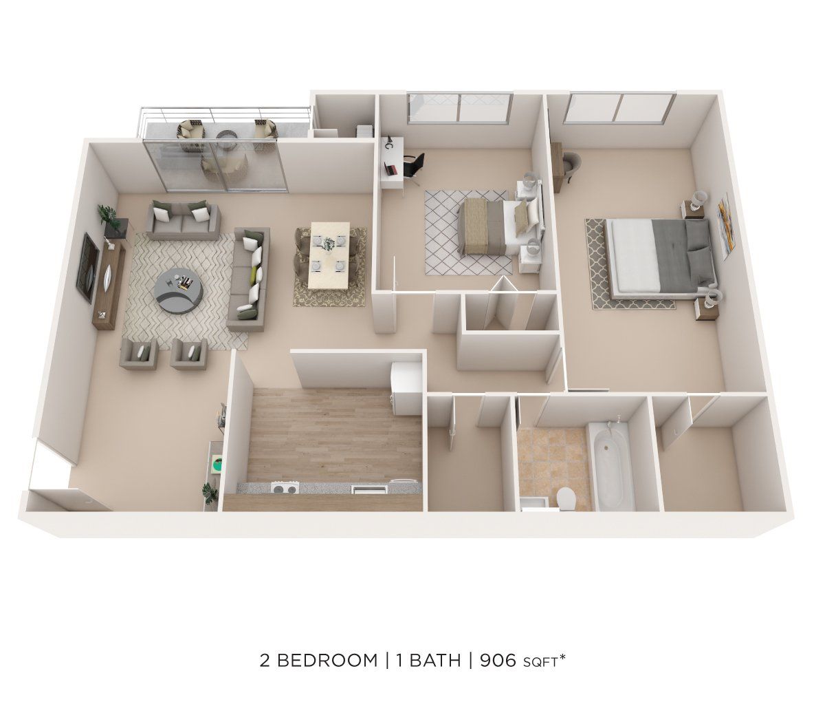 3D floor plan of a 2-bedroom, 1-bath apartment with living room, kitchen, and dining area
