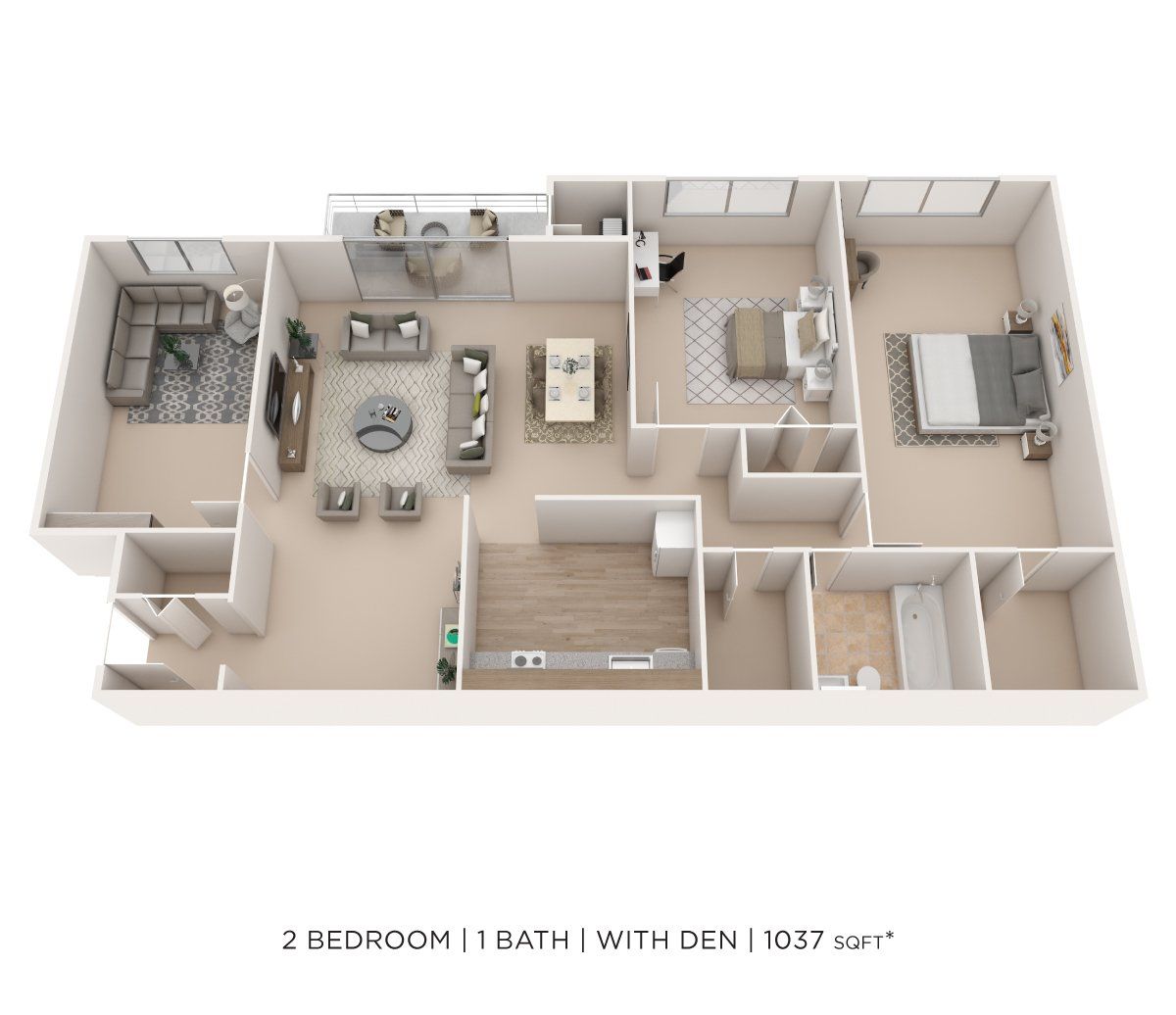 3D floor plan of a two-bedroom apartment with living area, kitchen, bath, and balcony in neutral tones